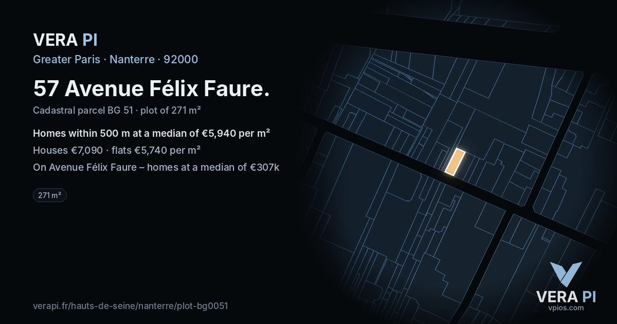 57 Avenue Félix Faure, Nanterre at night – the plot lit, the parcels around coloured by the prices near them