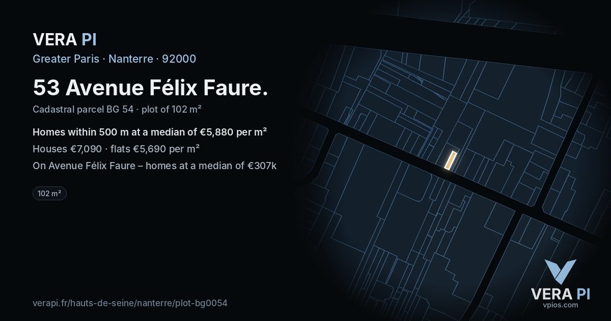 53 Avenue Félix Faure, Nanterre at night – the plot lit, the parcels around coloured by the prices near them