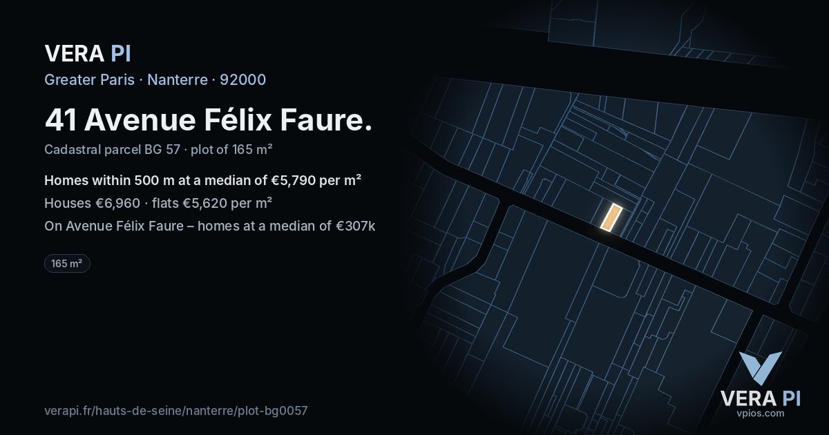 41 Avenue Félix Faure, Nanterre at night – the plot lit, the parcels around coloured by the prices near them