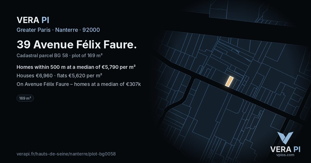 39 Avenue Félix Faure, Nanterre at night – the plot lit, the parcels around coloured by the prices near them