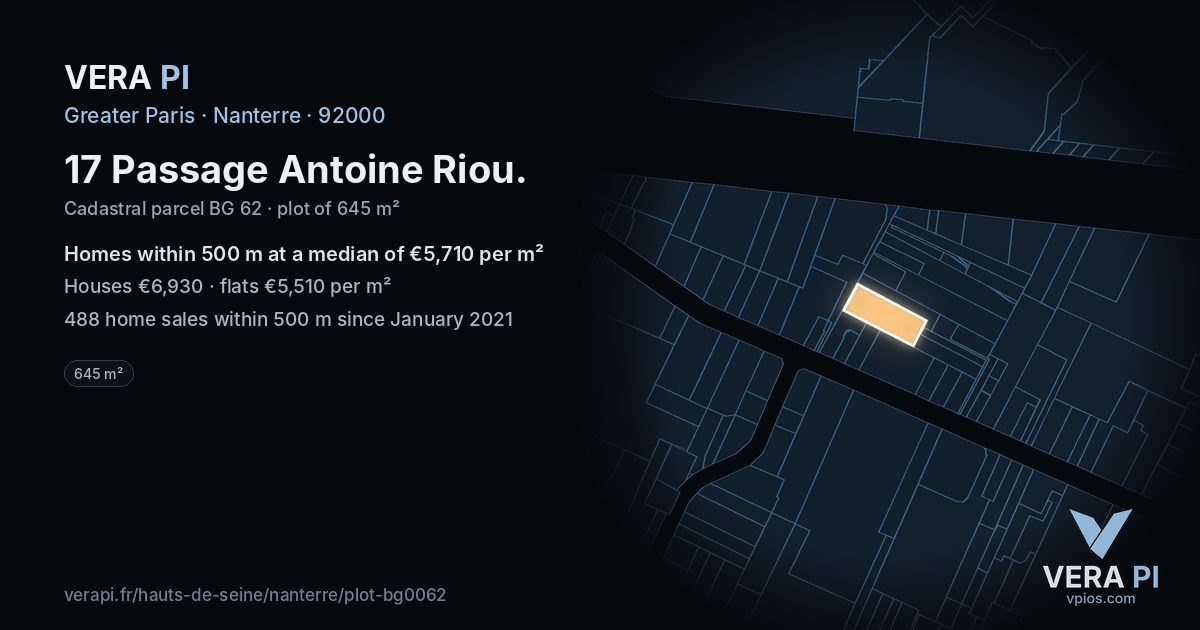 17 Passage Antoine Riou, Nanterre at night – the plot lit, the parcels around coloured by the prices near them