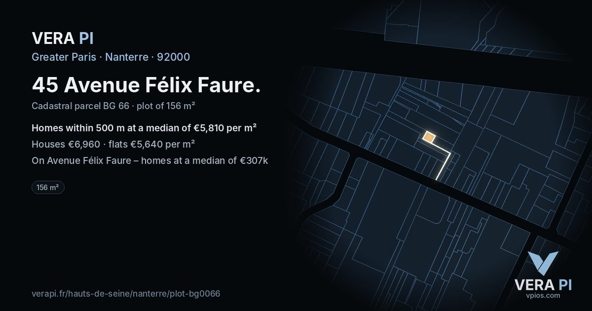 45 Avenue Félix Faure, Nanterre at night – the plot lit, the parcels around coloured by the prices near them
