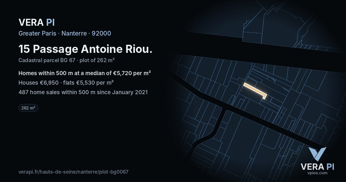 15 Passage Antoine Riou, Nanterre at night – the plot lit, the parcels around coloured by the prices near them