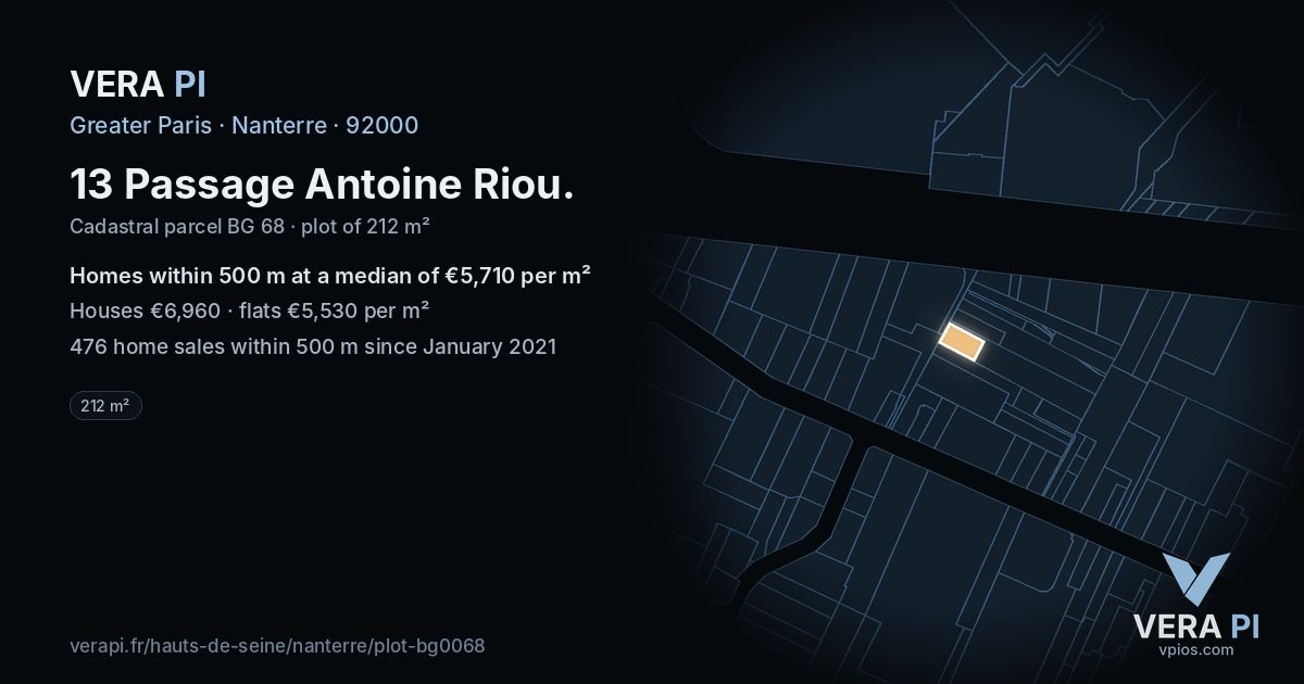 13 Passage Antoine Riou, Nanterre at night – the plot lit, the parcels around coloured by the prices near them