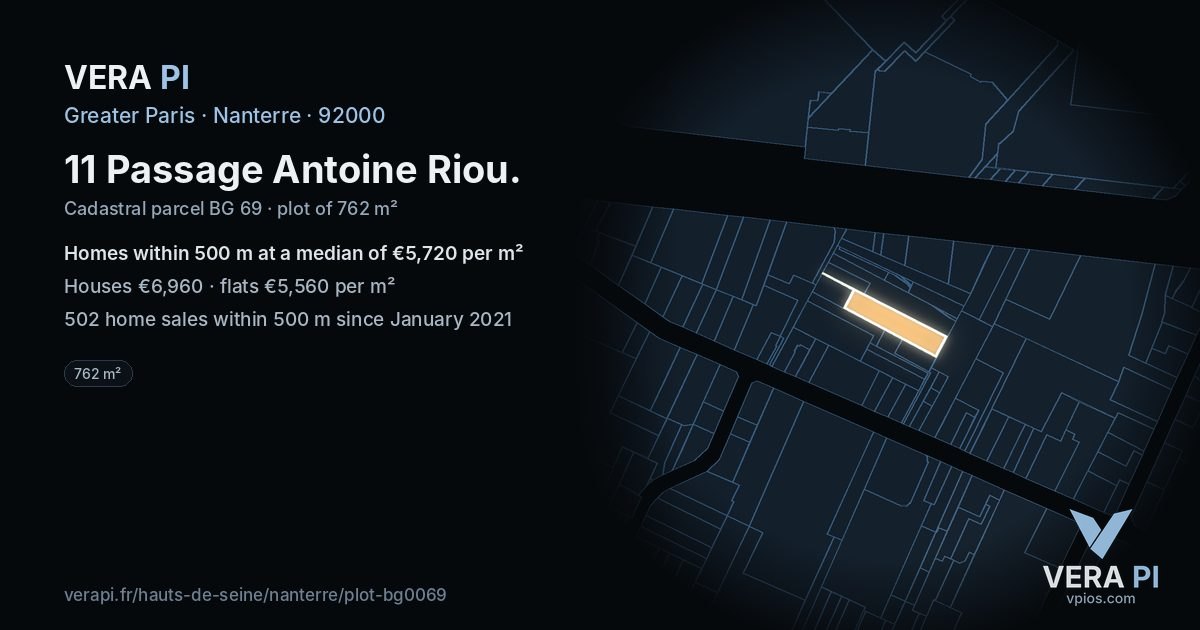11 Passage Antoine Riou, Nanterre at night – the plot lit, the parcels around coloured by the prices near them