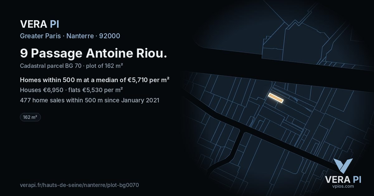 9 Passage Antoine Riou, Nanterre at night – the plot lit, the parcels around coloured by the prices near them