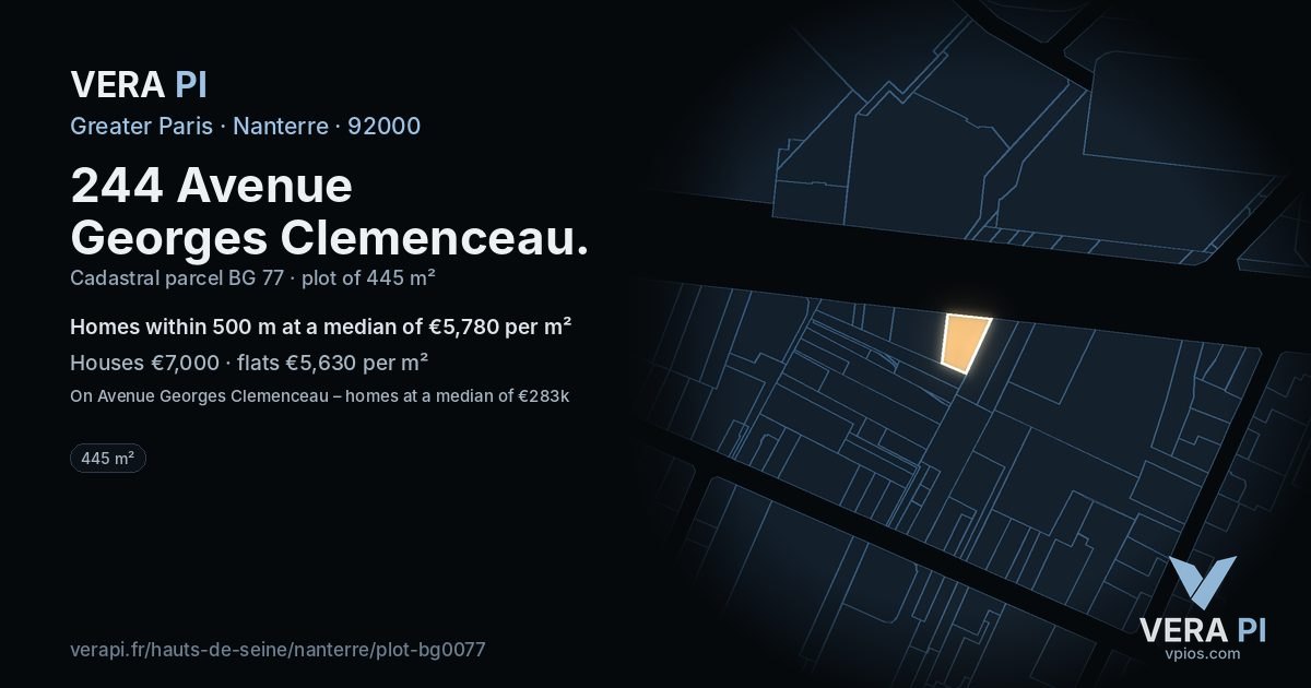 244 Avenue Georges Clemenceau, Nanterre at night – the plot lit, the parcels around coloured by the prices near them