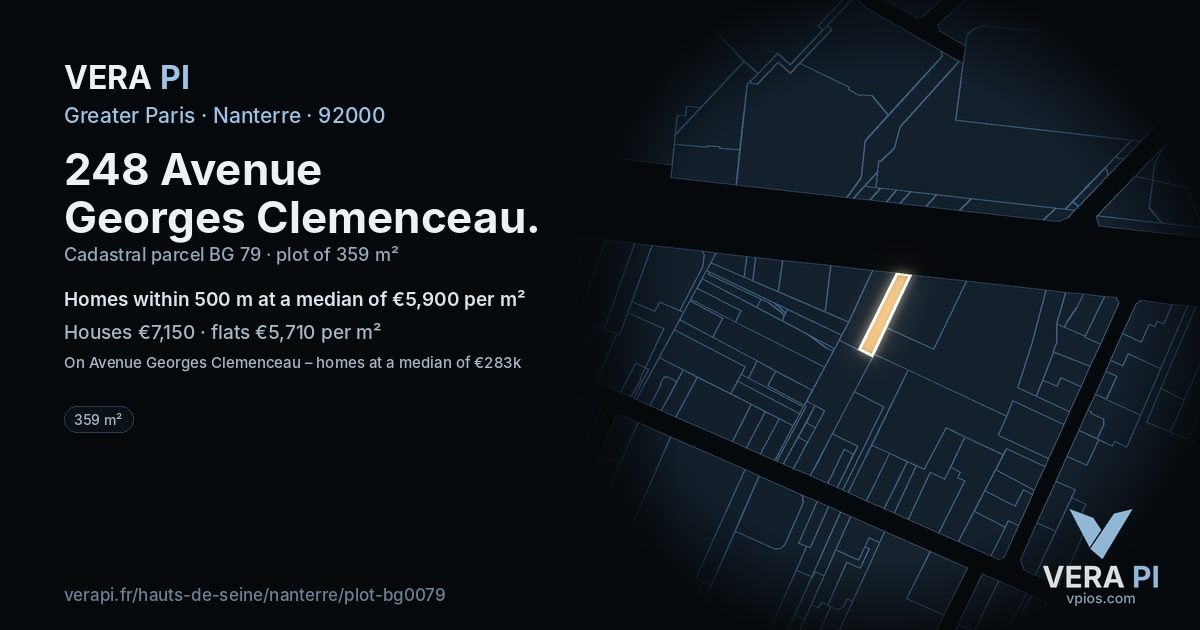 248 Avenue Georges Clemenceau, Nanterre at night – the plot lit, the parcels around coloured by the prices near them