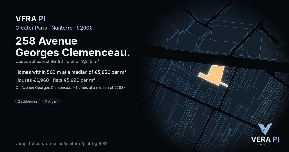 258 Avenue Georges Clemenceau, Nanterre at night – the plot lit, the parcels around coloured by the prices near them