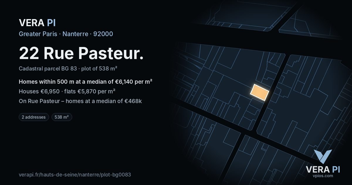 22 Rue Pasteur, Nanterre at night – the plot lit, the parcels around coloured by the prices near them