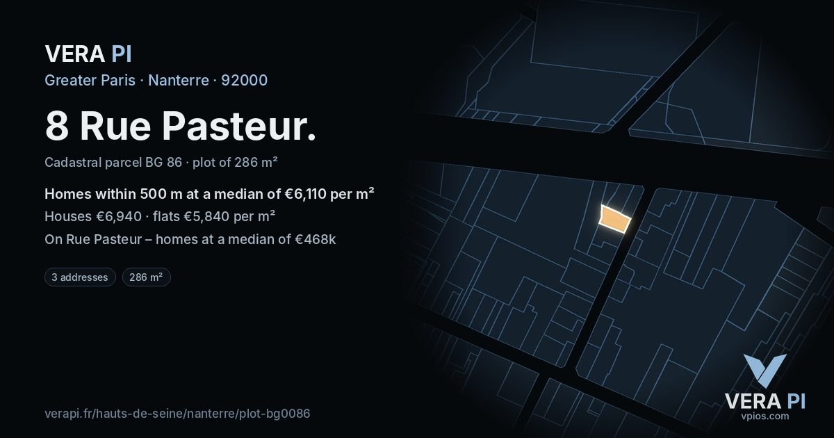 8 Rue Pasteur, Nanterre at night – the plot lit, the parcels around coloured by the prices near them
