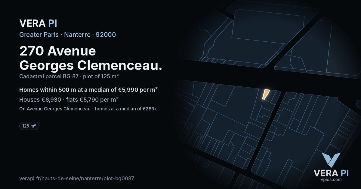 270 Avenue Georges Clemenceau, Nanterre at night – the plot lit, the parcels around coloured by the prices near them