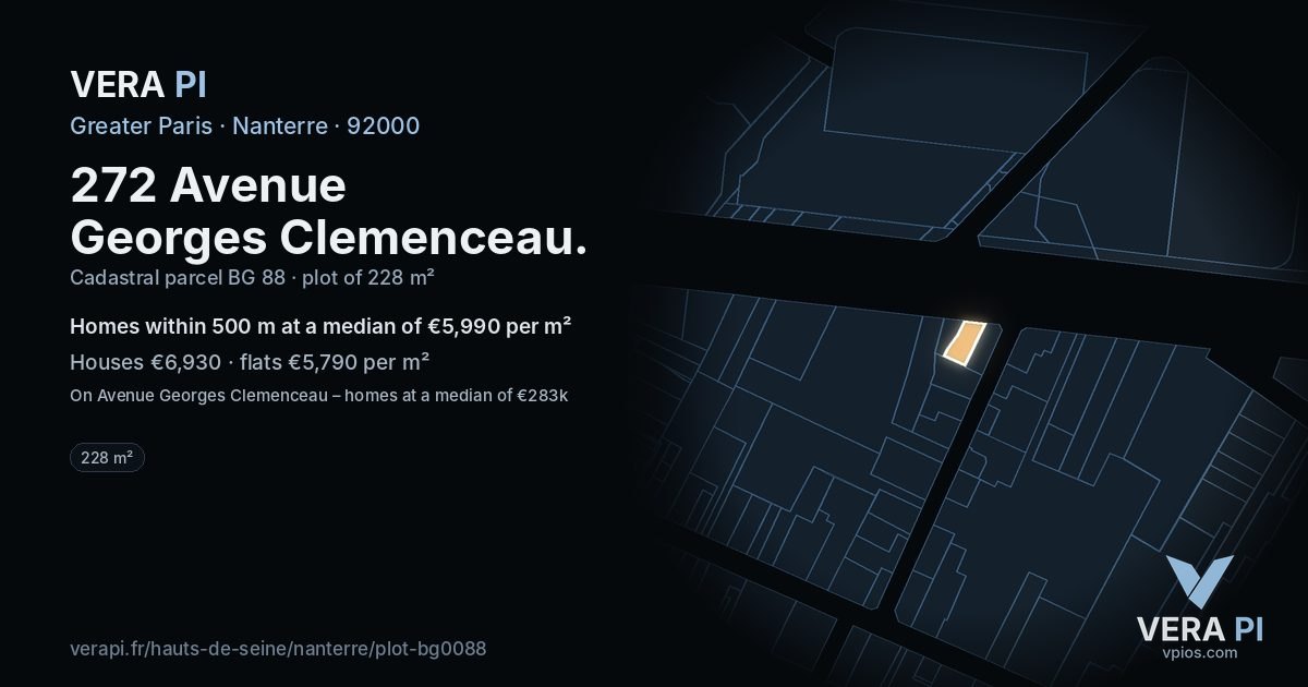 272 Avenue Georges Clemenceau, Nanterre at night – the plot lit, the parcels around coloured by the prices near them