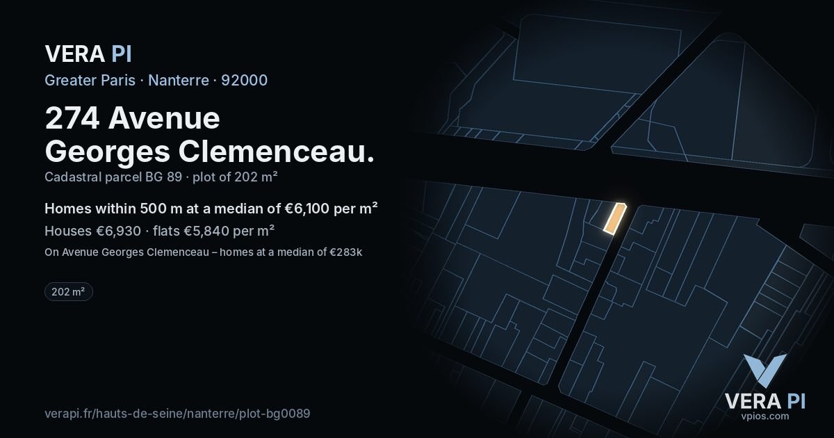 274 Avenue Georges Clemenceau, Nanterre at night – the plot lit, the parcels around coloured by the prices near them