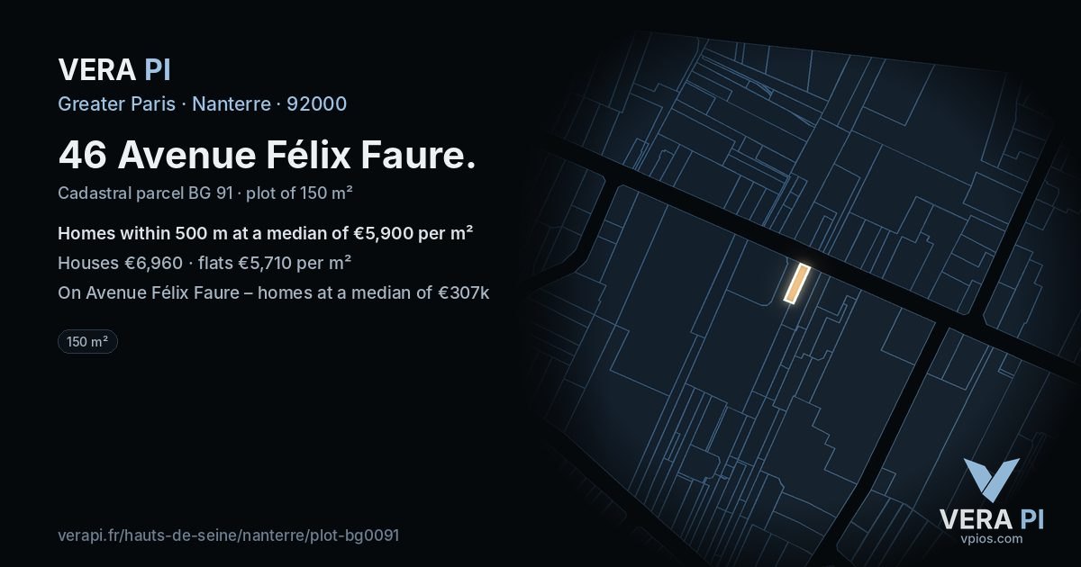 46 Avenue Félix Faure, Nanterre at night – the plot lit, the parcels around coloured by the prices near them