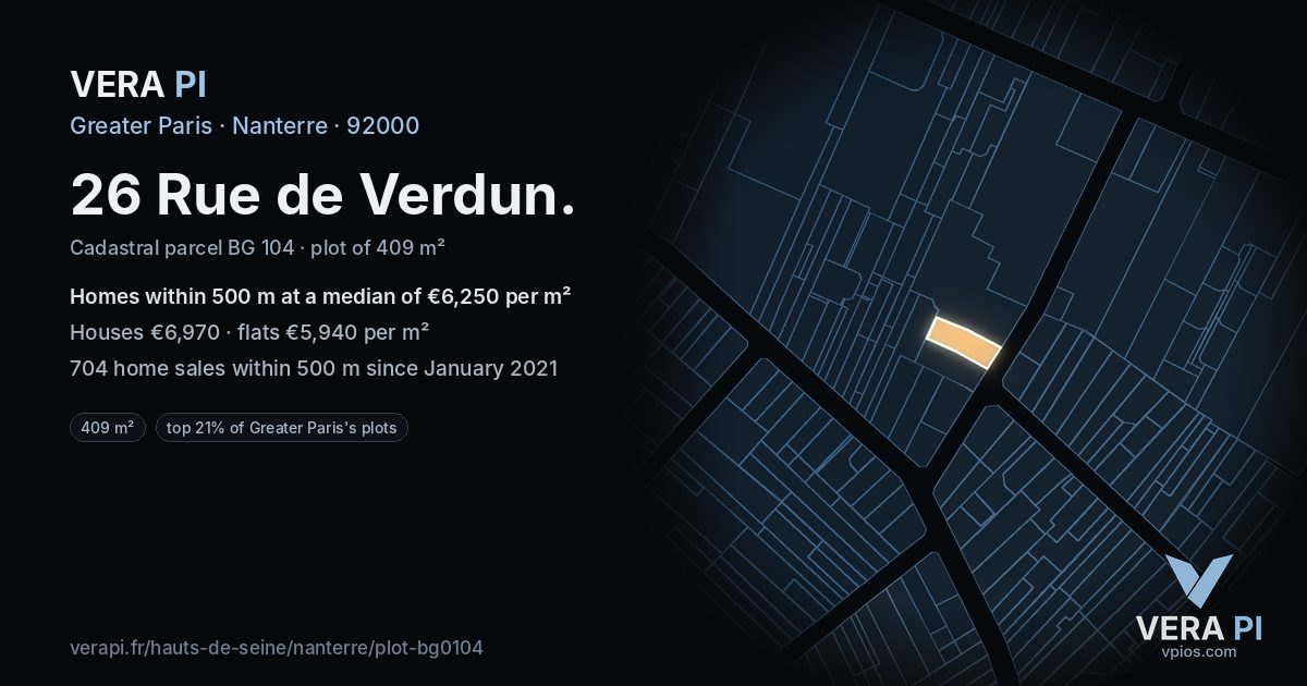26 Rue de Verdun, Nanterre at night – the plot lit, the parcels around coloured by the prices near them