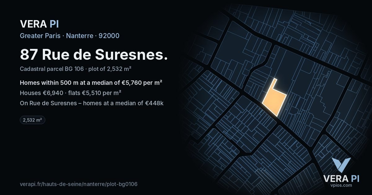 87 Rue de Suresnes, Nanterre at night – the plot lit, the parcels around coloured by the prices near them