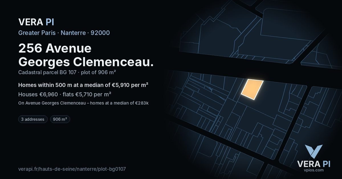 256 Avenue Georges Clemenceau, Nanterre at night – the plot lit, the parcels around coloured by the prices near them