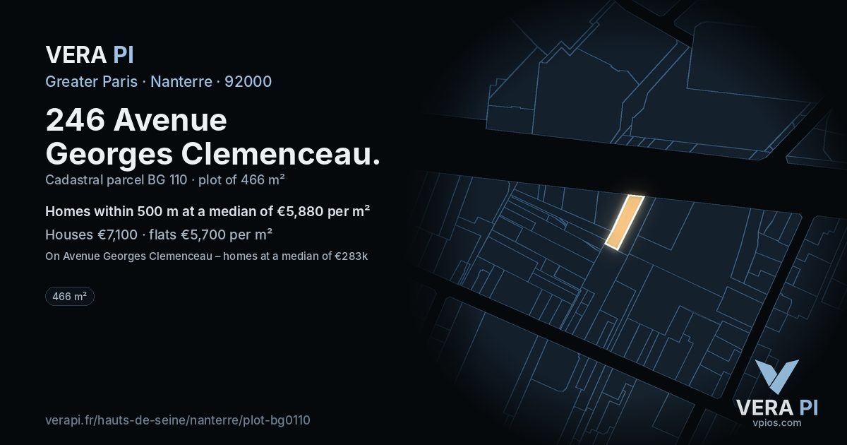 246 Avenue Georges Clemenceau, Nanterre at night – the plot lit, the parcels around coloured by the prices near them