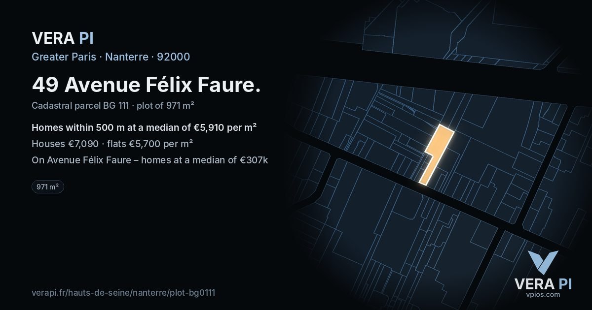49 Avenue Félix Faure, Nanterre at night – the plot lit, the parcels around coloured by the prices near them