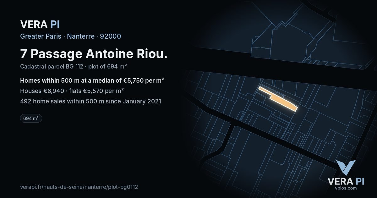7 Passage Antoine Riou, Nanterre at night – the plot lit, the parcels around coloured by the prices near them