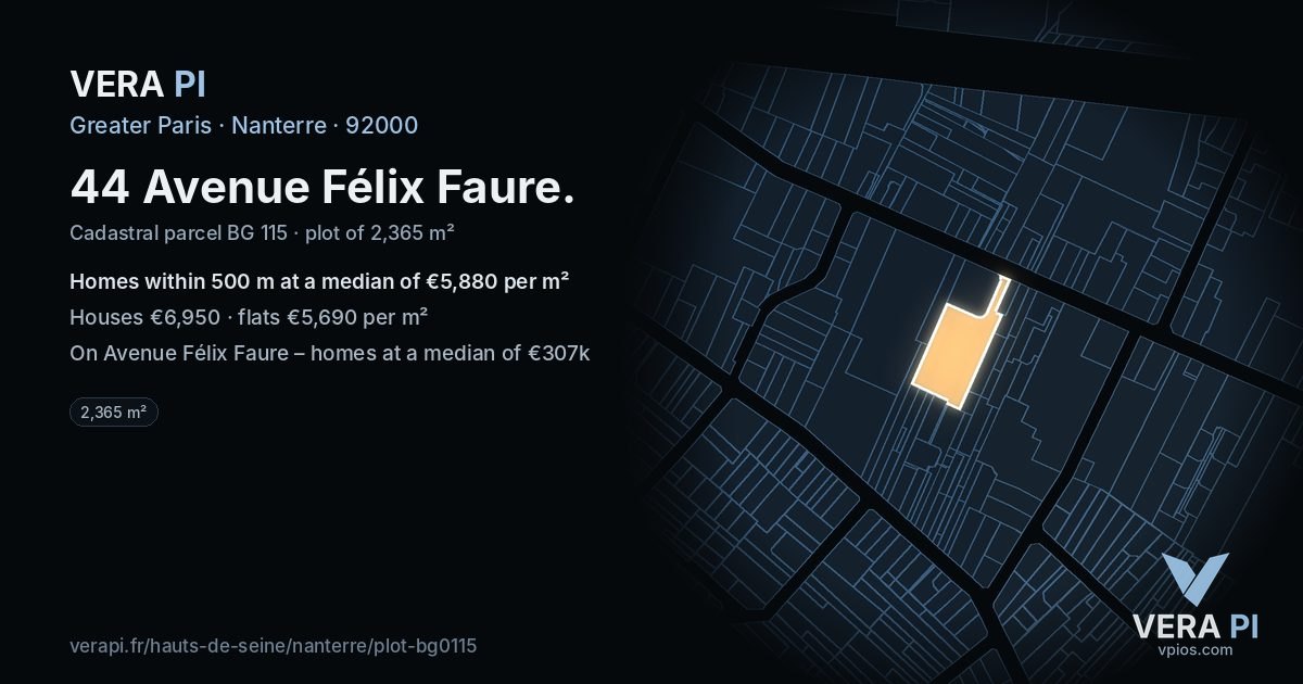 44 Avenue Félix Faure, Nanterre at night – the plot lit, the parcels around coloured by the prices near them