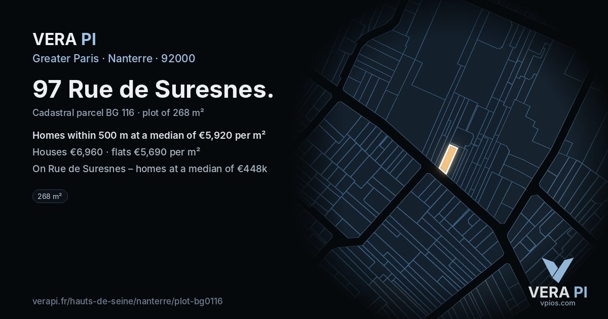 97 Rue de Suresnes, Nanterre at night – the plot lit, the parcels around coloured by the prices near them