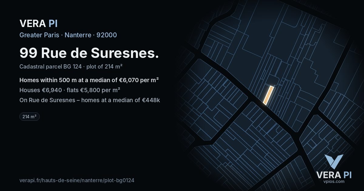 99 Rue de Suresnes, Nanterre at night – the plot lit, the parcels around coloured by the prices near them