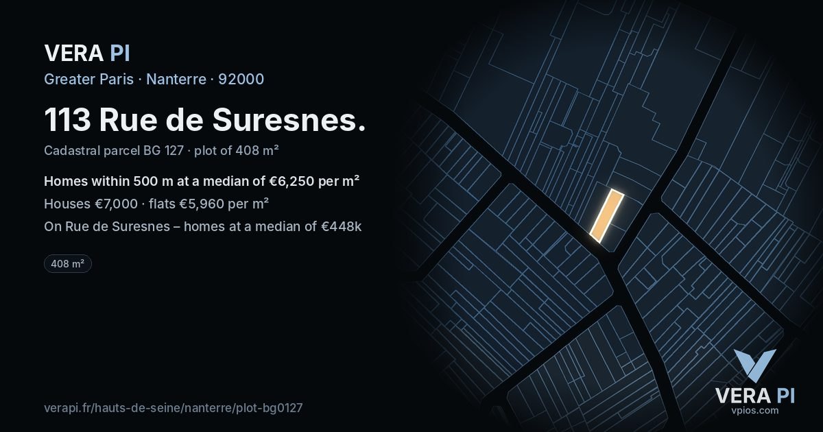 113 Rue de Suresnes, Nanterre at night – the plot lit, the parcels around coloured by the prices near them