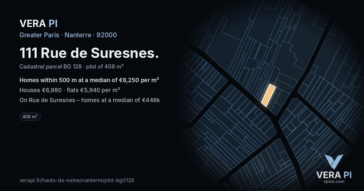 111 Rue de Suresnes, Nanterre at night – the plot lit, the parcels around coloured by the prices near them