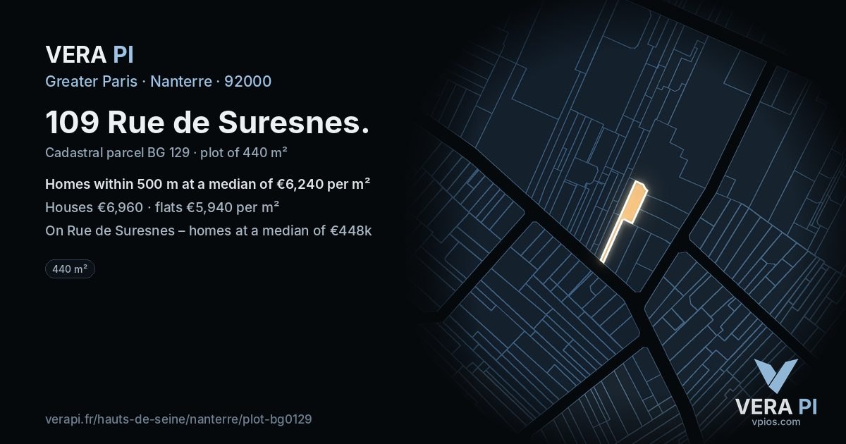 109 Rue de Suresnes, Nanterre at night – the plot lit, the parcels around coloured by the prices near them