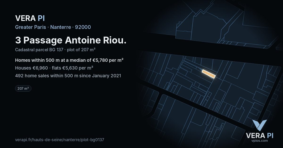 3 Passage Antoine Riou, Nanterre at night – the plot lit, the parcels around coloured by the prices near them