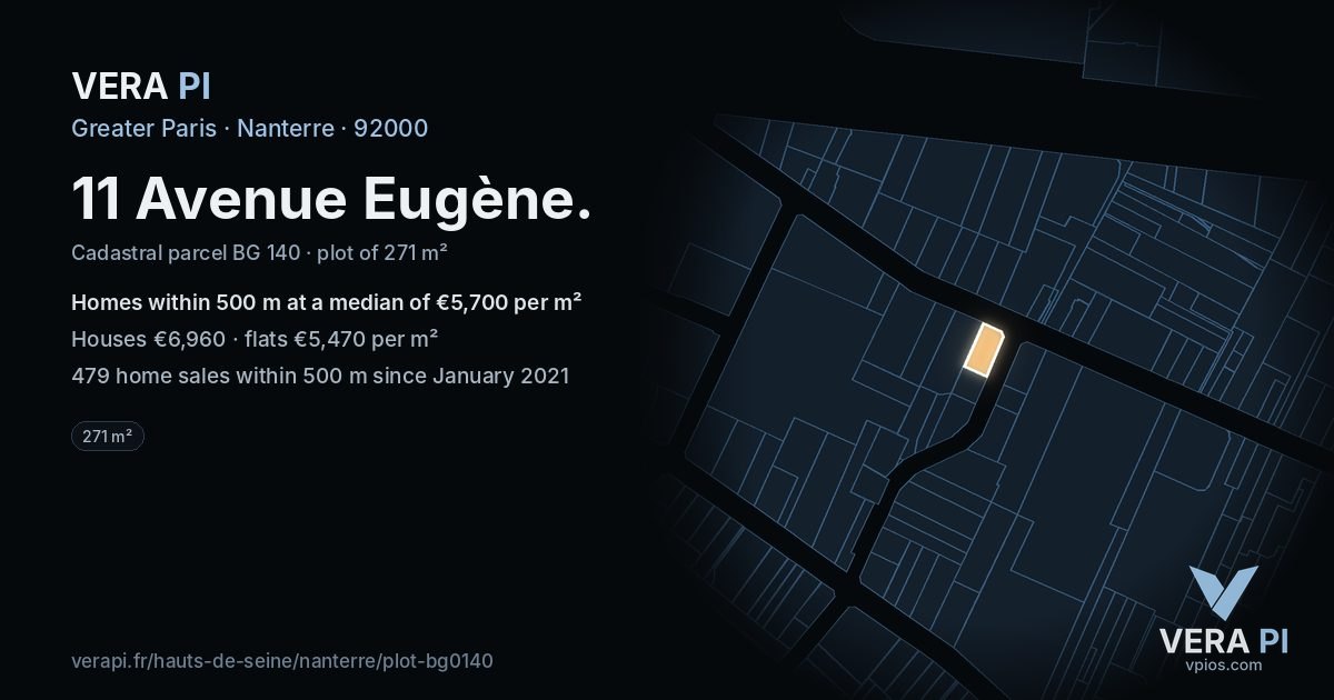 11 Avenue Eugène, Nanterre at night – the plot lit, the parcels around coloured by the prices near them