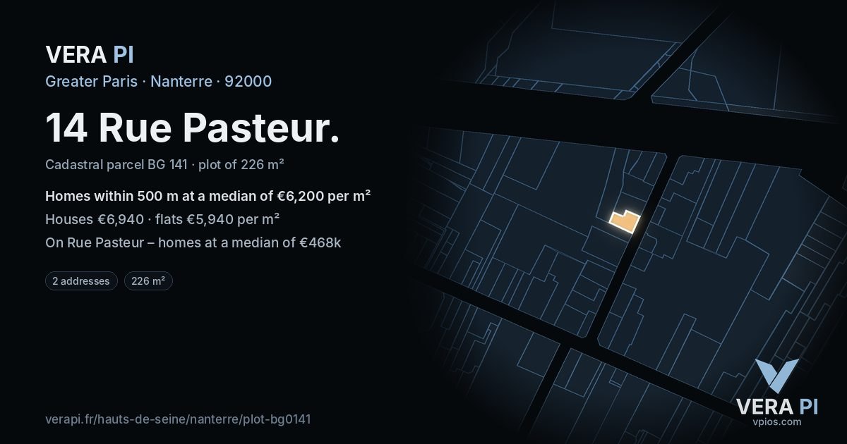 14 Rue Pasteur, Nanterre at night – the plot lit, the parcels around coloured by the prices near them