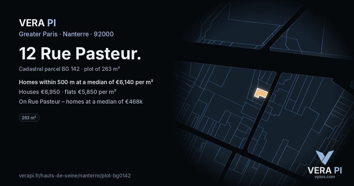 12 Rue Pasteur, Nanterre at night – the plot lit, the parcels around coloured by the prices near them