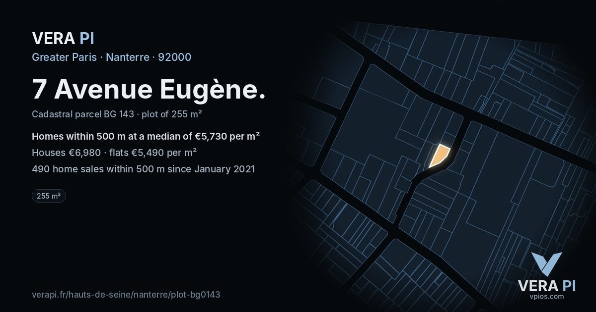 7 Avenue Eugène, Nanterre at night – the plot lit, the parcels around coloured by the prices near them