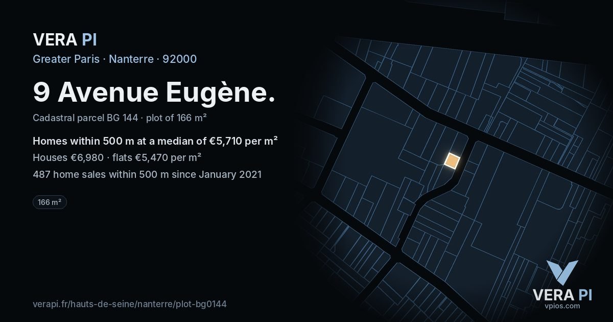 9 Avenue Eugène, Nanterre at night – the plot lit, the parcels around coloured by the prices near them