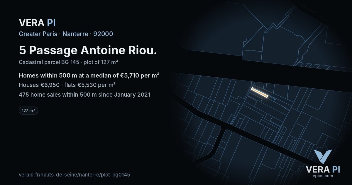 5 Passage Antoine Riou, Nanterre at night – the plot lit, the parcels around coloured by the prices near them