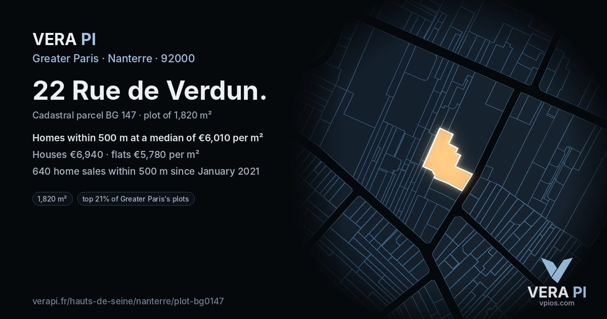 22 Rue de Verdun, Nanterre at night – the plot lit, the parcels around coloured by the prices near them