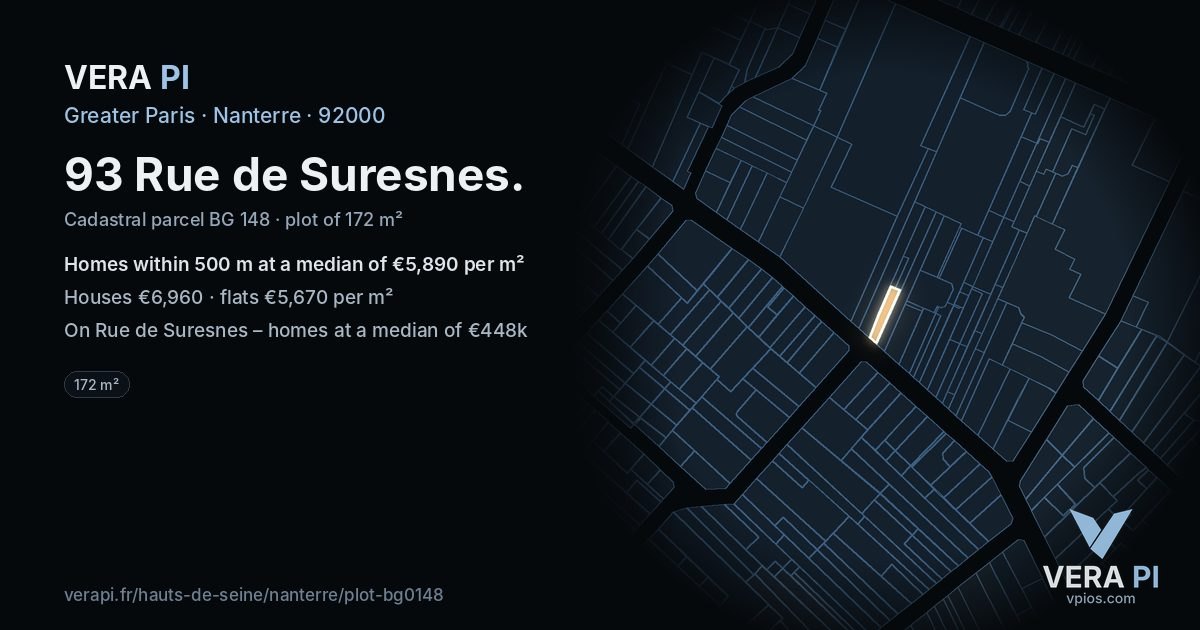 93 Rue de Suresnes, Nanterre at night – the plot lit, the parcels around coloured by the prices near them