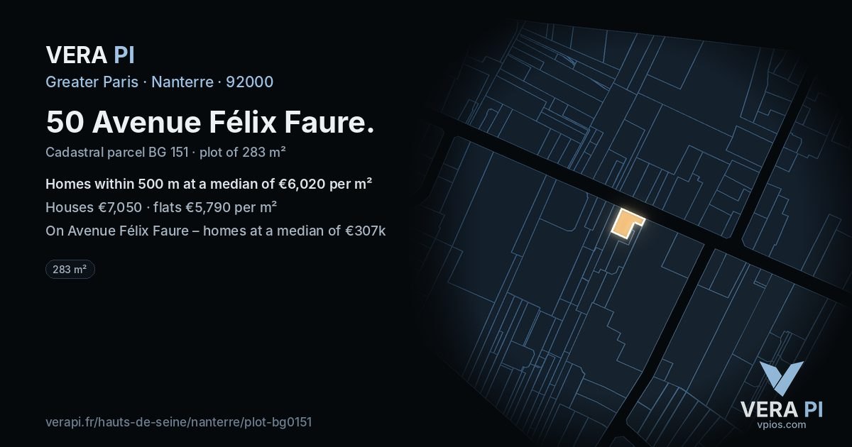 50 Avenue Félix Faure, Nanterre at night – the plot lit, the parcels around coloured by the prices near them