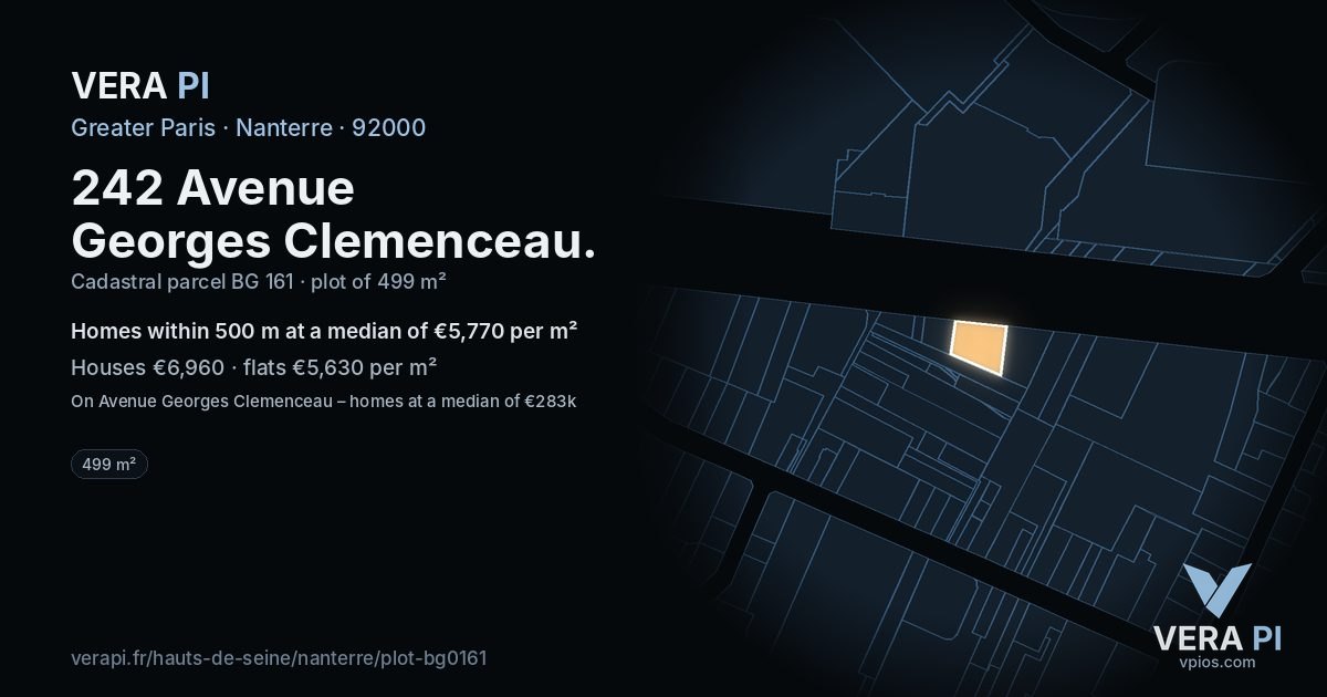 242 Avenue Georges Clemenceau, Nanterre at night – the plot lit, the parcels around coloured by the prices near them