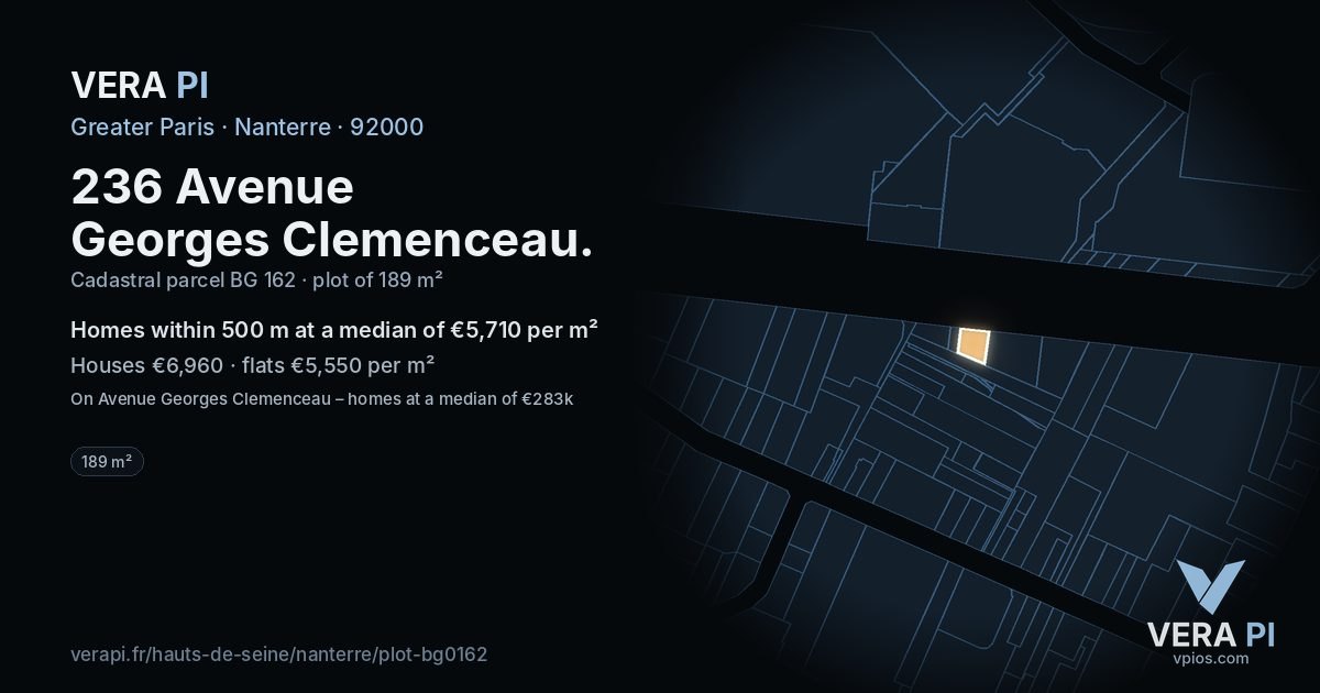 236 Avenue Georges Clemenceau, Nanterre at night – the plot lit, the parcels around coloured by the prices near them