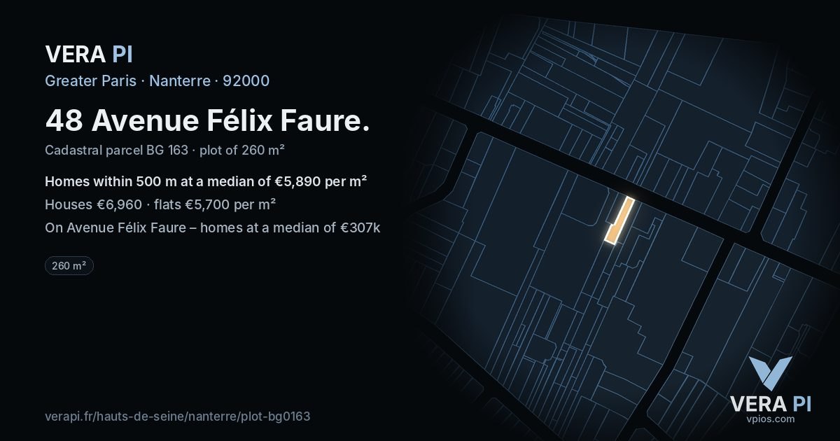 48 Avenue Félix Faure, Nanterre at night – the plot lit, the parcels around coloured by the prices near them