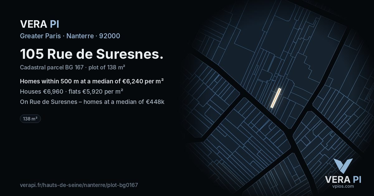 105 Rue de Suresnes, Nanterre at night – the plot lit, the parcels around coloured by the prices near them
