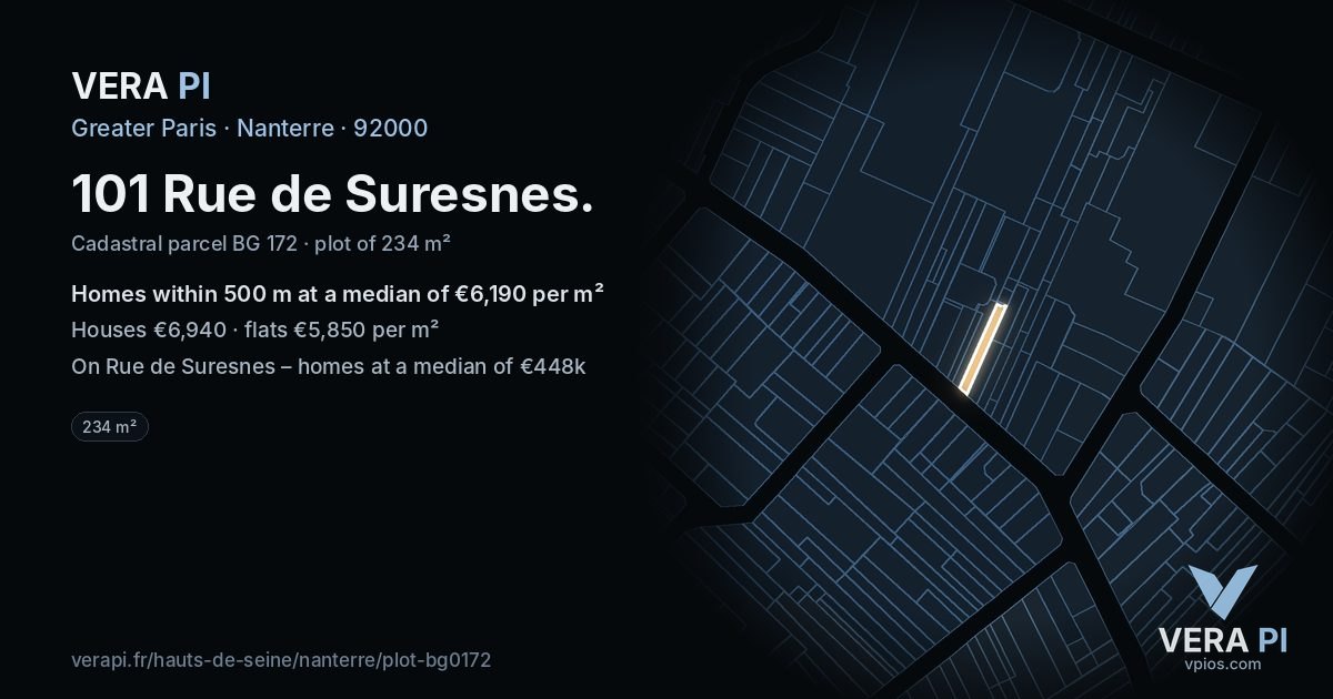 101 Rue de Suresnes, Nanterre at night – the plot lit, the parcels around coloured by the prices near them