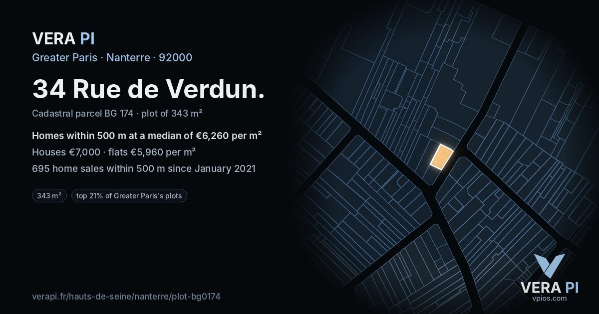 34 Rue de Verdun, Nanterre at night – the plot lit, the parcels around coloured by the prices near them