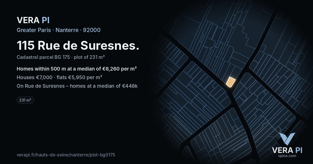 115 Rue de Suresnes, Nanterre at night – the plot lit, the parcels around coloured by the prices near them