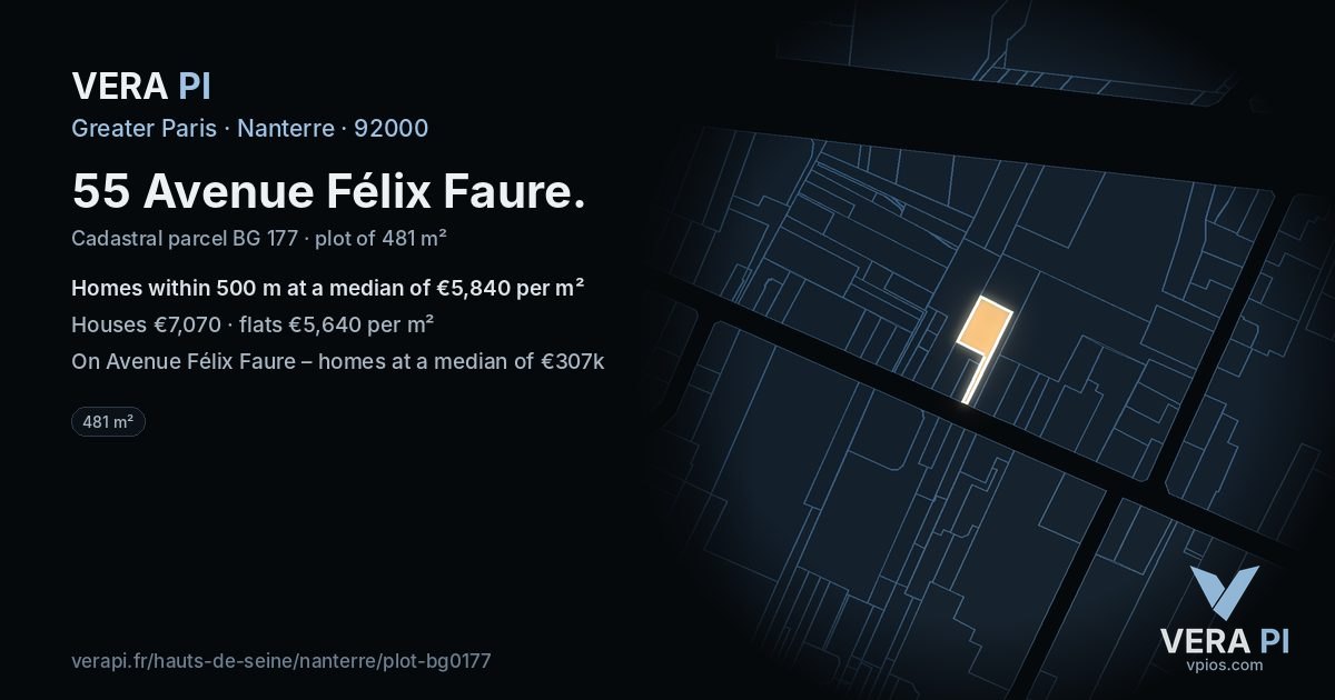 55 Avenue Félix Faure, Nanterre at night – the plot lit, the parcels around coloured by the prices near them