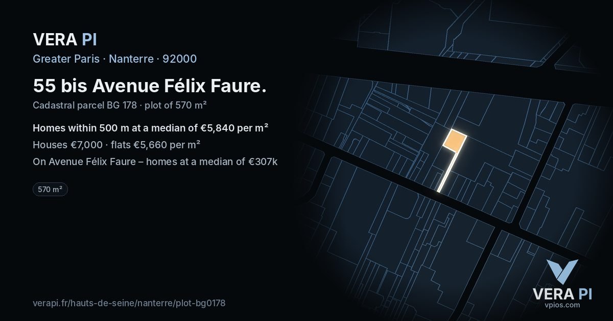 55 bis Avenue Félix Faure, Nanterre at night – the plot lit, the parcels around coloured by the prices near them